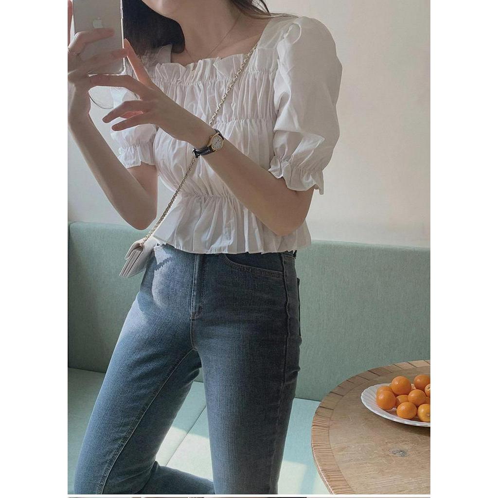 Áo Kiểu Trễ Vai Cổ Vuông Xếp Ly Tay Ngắn 51080