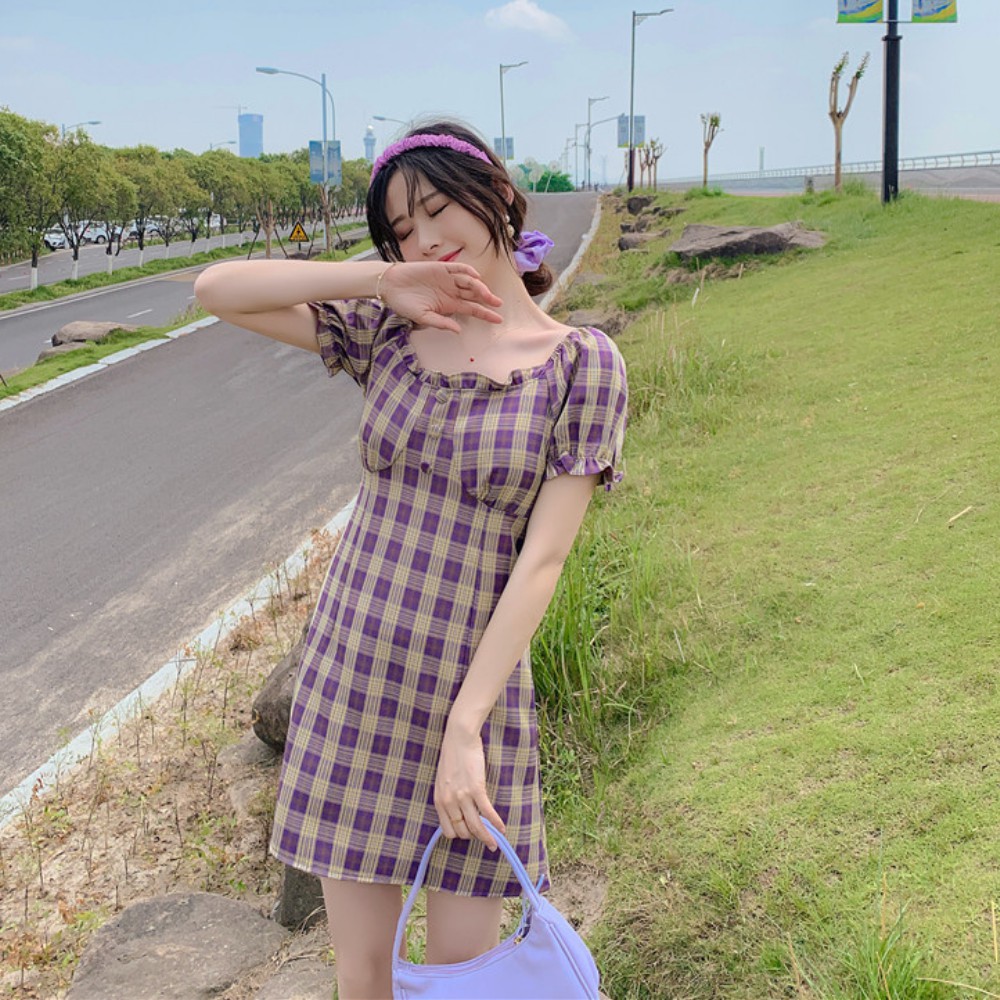 Váy nữ , váy đầm nữ váy kẻ sọc caro dáng ngắn chữ A tay bồng nữ tính ATILA SHOP | BigBuy360 - bigbuy360.vn