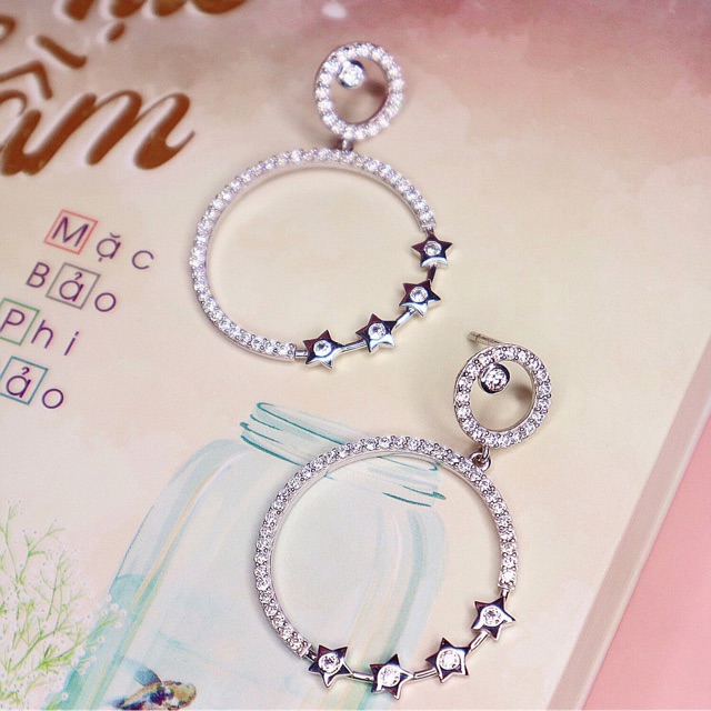 Khuyên tai vòng tròn ngôi sao dự tiệc sang chảnh bạc thật phủ vàng trắng (xi kim) NGỌC MẬU