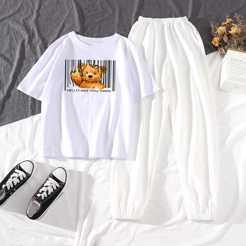 Sét Áo Gấu dơ tay + quần bom chun, Áo thun from rộng, Chất đẹp không xù, quần suông ống rộng, Sét bộ mặc ở nhà - MODY