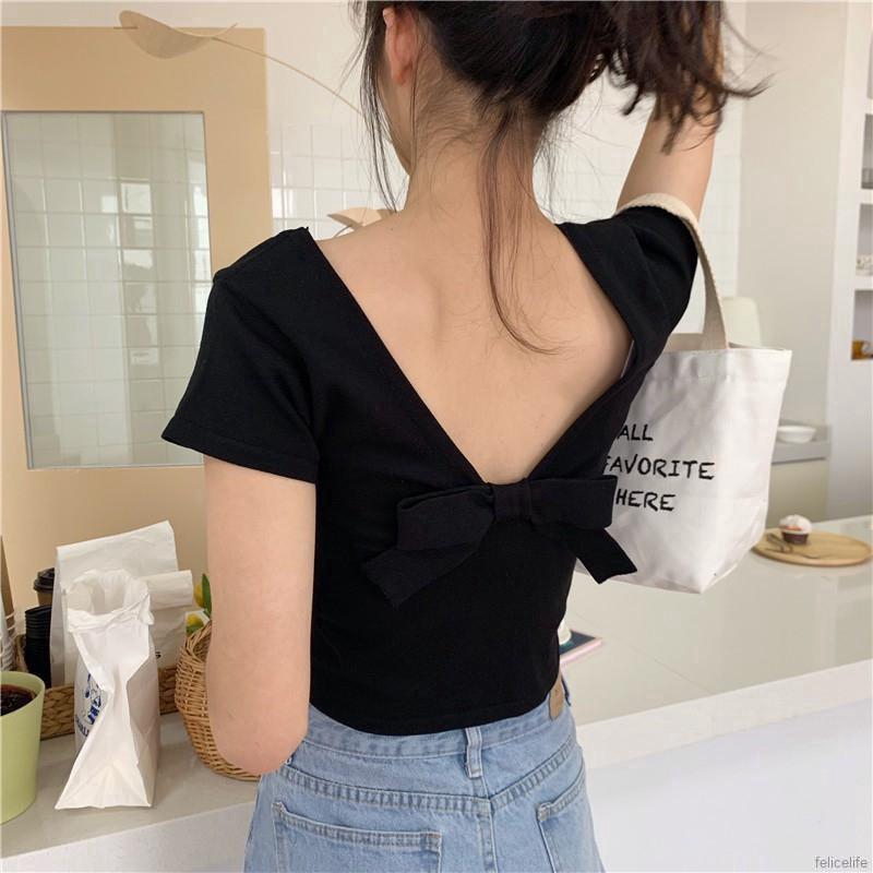 Áo thun dệt kim tay ngắn phối nơ lưng thiết kế hở lưng quyến rũ