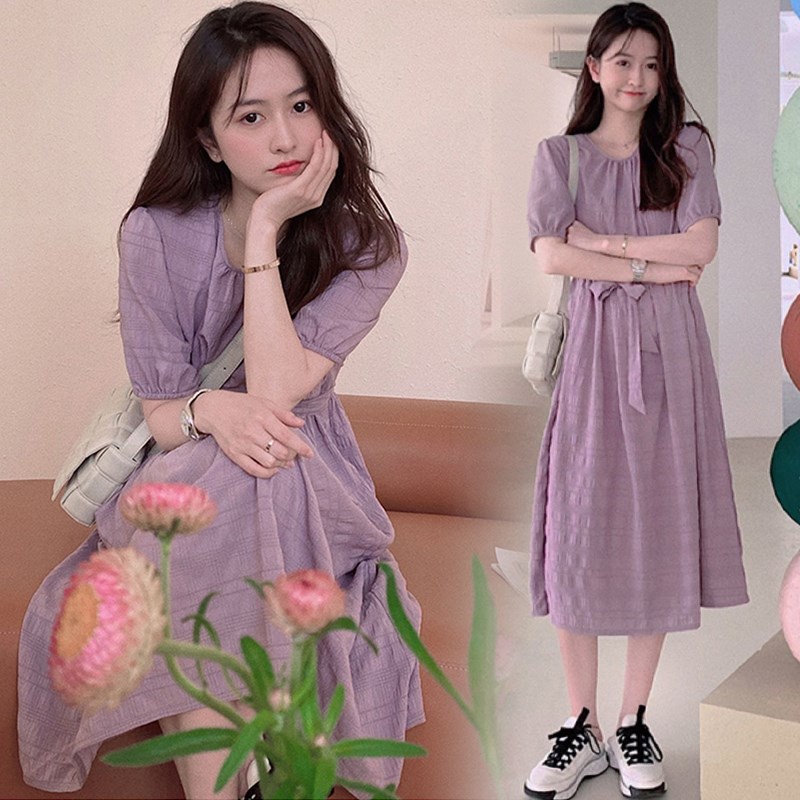 Đầm Midi Thắt Nơ Nhấn Eo Màu Tím Phong Cách Pháp Thời Trang Sang Trọng Cho Nữ