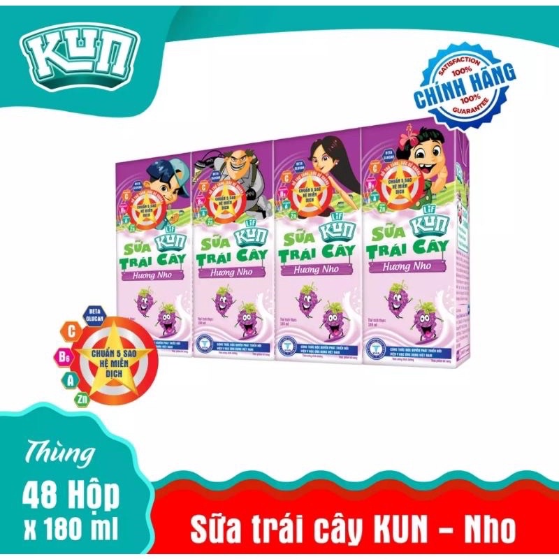 Sữa trái cây Kun các vị cam, dâu, nho, trái cây nhiệt đới (thùng 48hộp x 180ml)