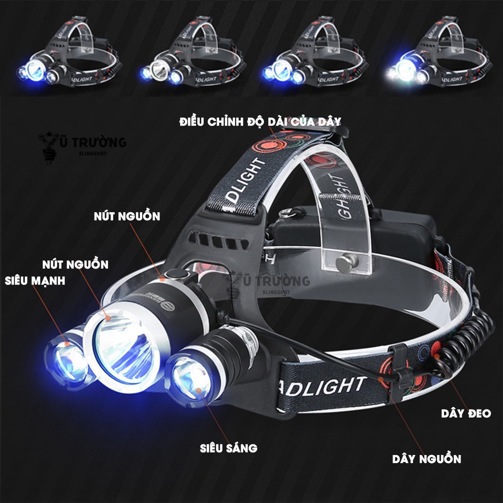 Đèn đội đầu siêu sáng - Đèn pin đội đầu 3 bóng led T6 siêu sáng kèm 2 pin và sạc, chống nước [YPX8]