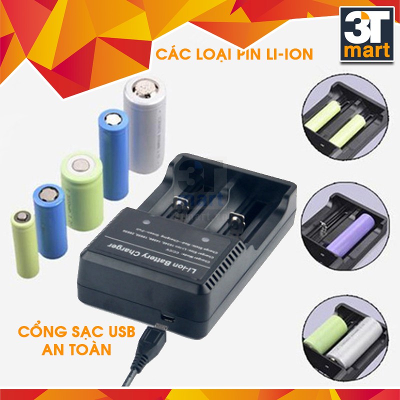 Bộ sạc nhanh đôi cáp USB đa năng dùng cho các loại pin li-ion 18650 16340 14500