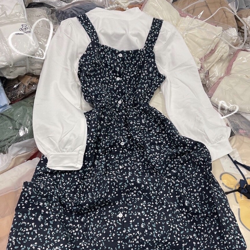 Sét Áo Tay Dài Mix Yếm Hoa Dày Dặn 🦋FREESHIP 🦋Yếm Dáng Dài Kiểu Vintage Siêu Xinhh