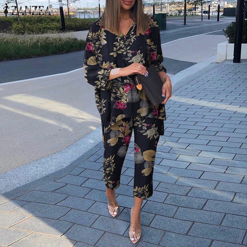 Set trang phục ZANZEA áo tay dài và quần dài in họa tiết hoa phong cách Châu Âu vintage dành cho nữ