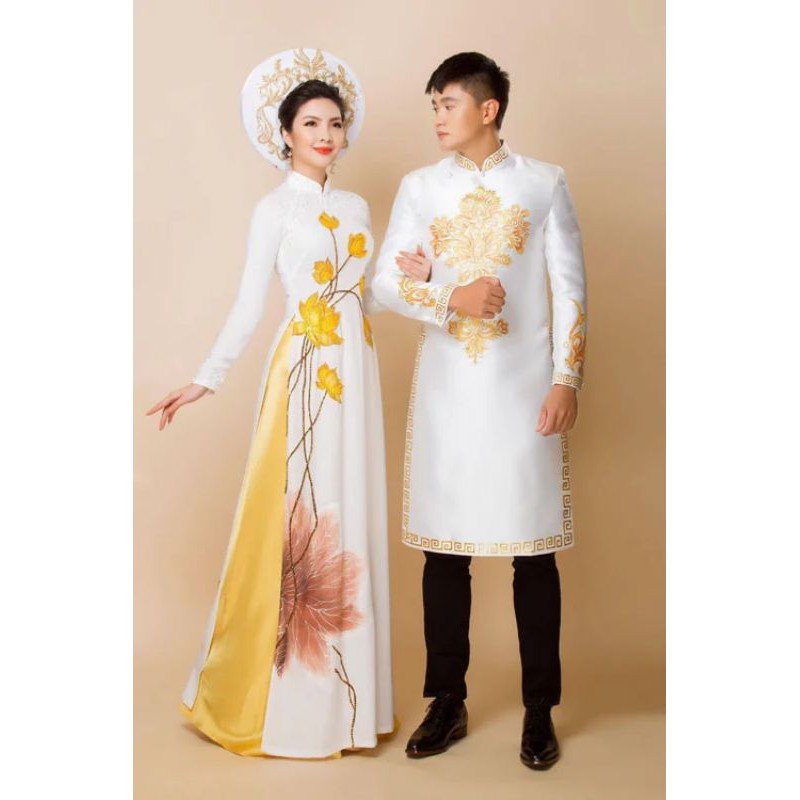 Áo dài nam cách tân họa tiết vẽ tay cao cấp, thiết kế tay vest sang trọng