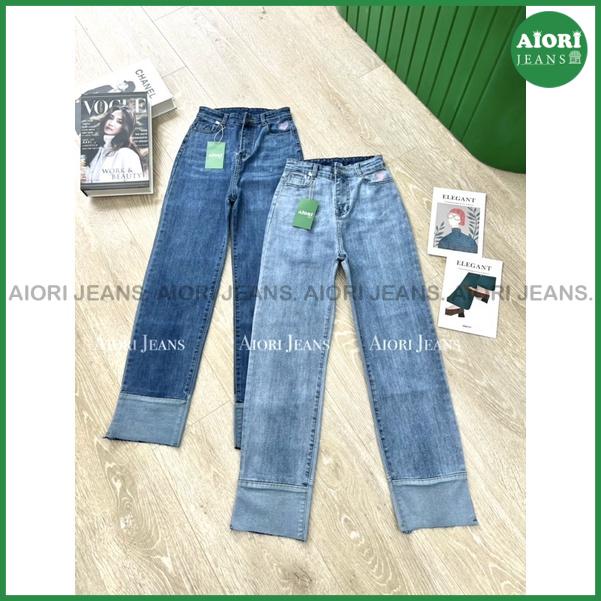 Quần Jeans Ống Đứng AIORI Lưng Cao Lai Kiểu Thêu Trái Tim_Mã E005