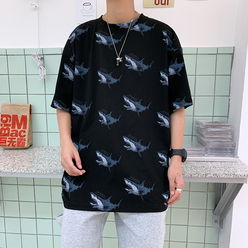 Unisex Shark Print Tshirt Men's Fashion Sports Short-sleeved T-shirts Summer Personality Oversized Tops T Shirt for Men Korean Style Loose Tee Clothing