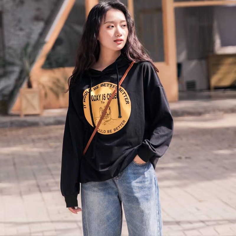 Áo Hoodie Tay Dài Dáng Rộng In Hình Đĩa Phong Cách Preppy