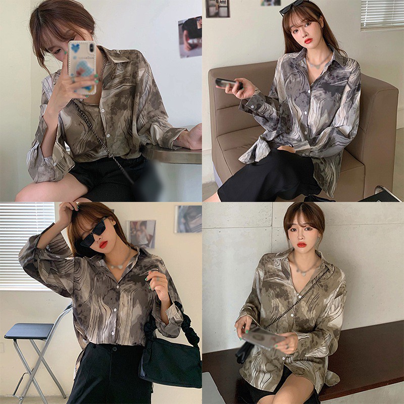 Women's Loose Retro Splash Ink Printing Fashion Long-sleeved Shirt Blouse