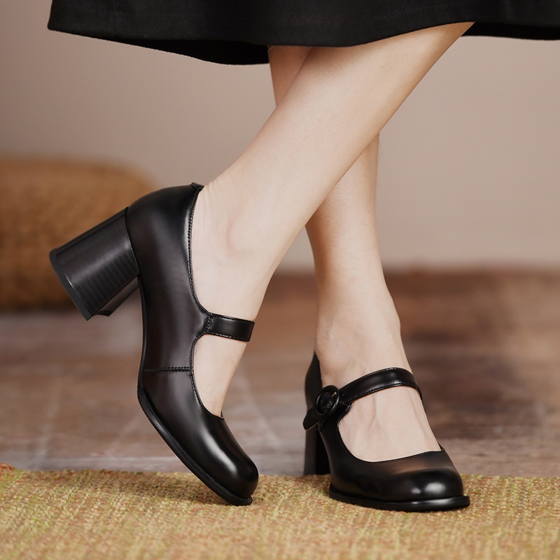 Giày Cao Gót Da Đế Dày Mũi Tròn Màu Nâu/Đen Cho Nữ