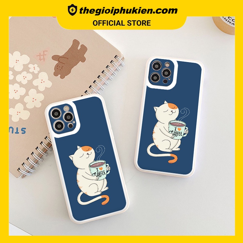 Ốp iphone - Ốp lưng iphone cạnh vuông Mèo coffee dành cho ip 6 đến 14promax - ng291