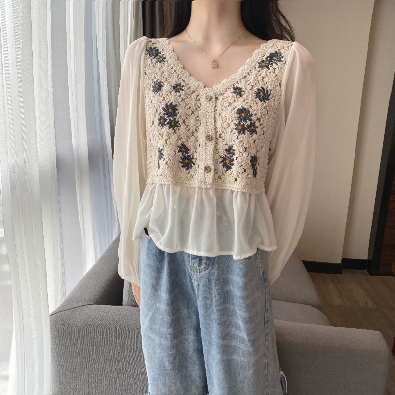 Brroa Áo Chiffon Tay Dài Phồng Thêu Hoa Phối Bèo Nhún Trước Thời Trang Cho Nữ