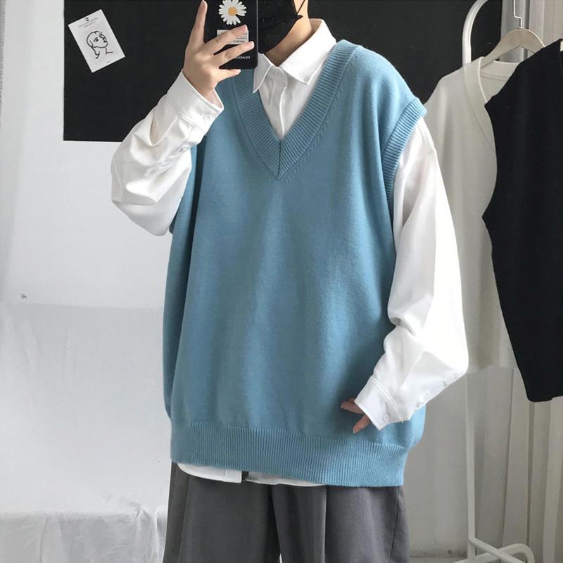 Áo Sweater Không Tay Cổ Chữ V Dáng Rộng Màu Trơn Thời Trang Đơn Giản Phong Cách Hàn Quốc Thanh Lịch Dễ Phối Cho Nam
