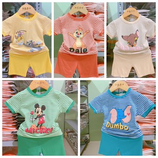 Bộ tay ngắn thun lạnh minkymom áo sọc quần trơn in hoạt hình size bé 6kg đến 19kg