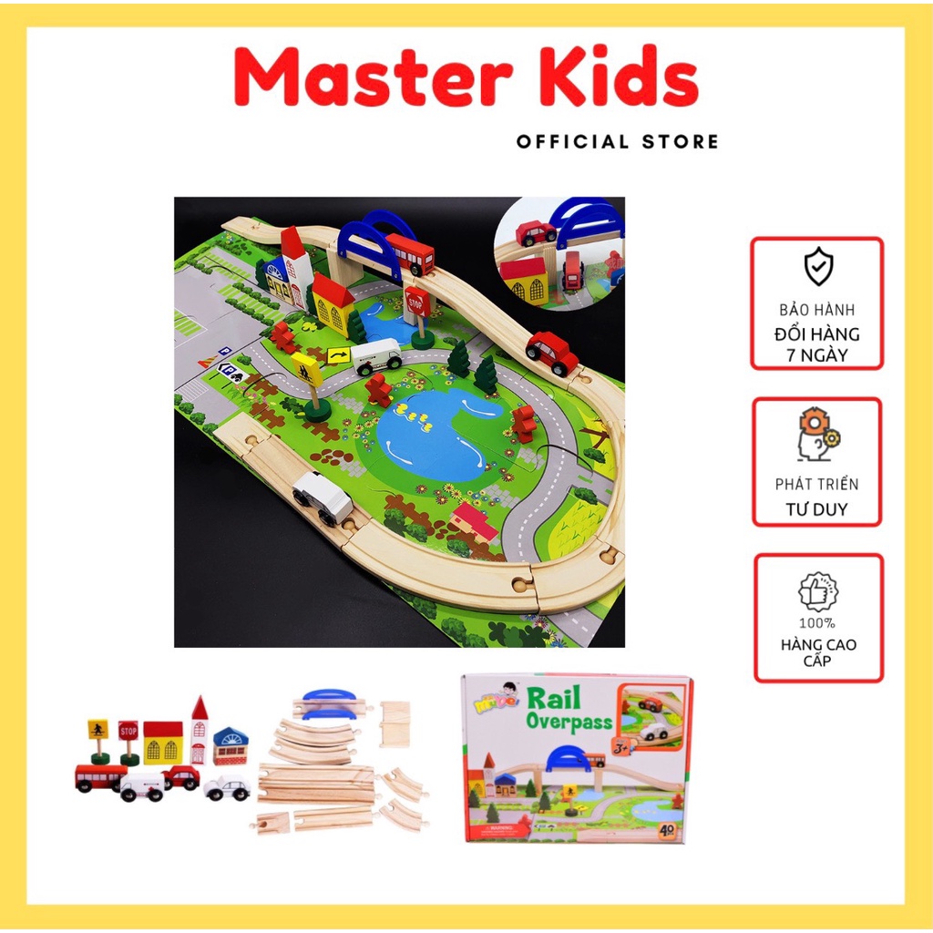 [Đồ chơi gỗ] Mô hình đồ chơi đường giao thông bằng gỗ nhiều chi tiết đường ray cầu vượt kèm ô tô cho bé Master Kids