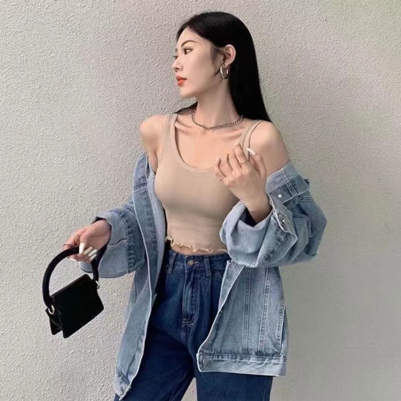 Brroa Áo Crop Top Dây Bản Rộng Cơ Bản Với Áo Ngực Gân Dệt Kim Mỏng Màu Trơn Thể Thao Viền Lettuce Hem Cho Nữ