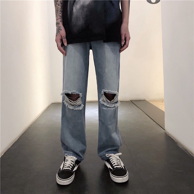 [Miễn Phí Vận Chuyển] Quần Denim Rách 237018Quần Jean Ống Đứng Phong Cách Hip hop Dễ Phối Đồ Cho Nam Nữ