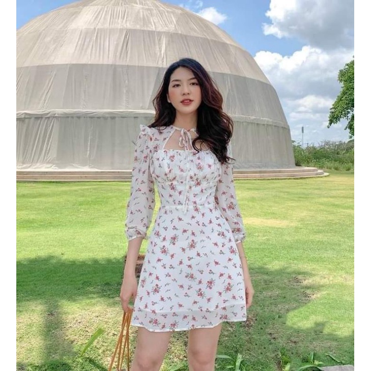 Đầm hoa trắng khoét ngực tay dài