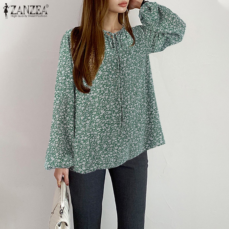 Áo kiểu Zanzea tay dài cổ tròn họa tiết dịu dàng thời trang dành cho nữ