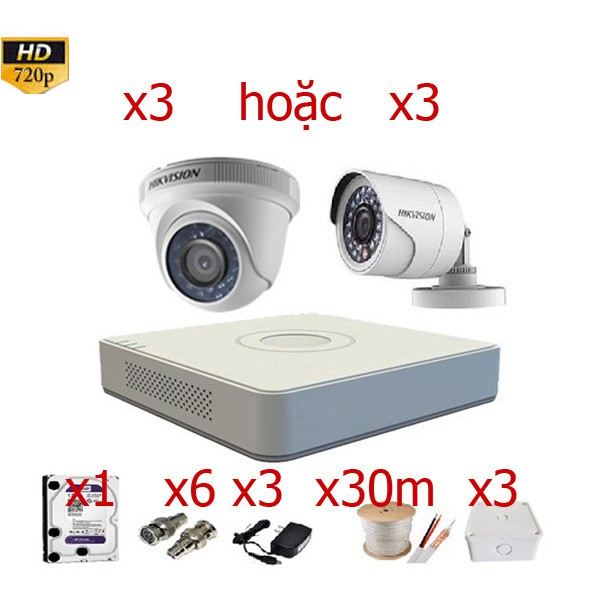 Trọn bộ 3 Camera Hikvision HD720P (1MP)