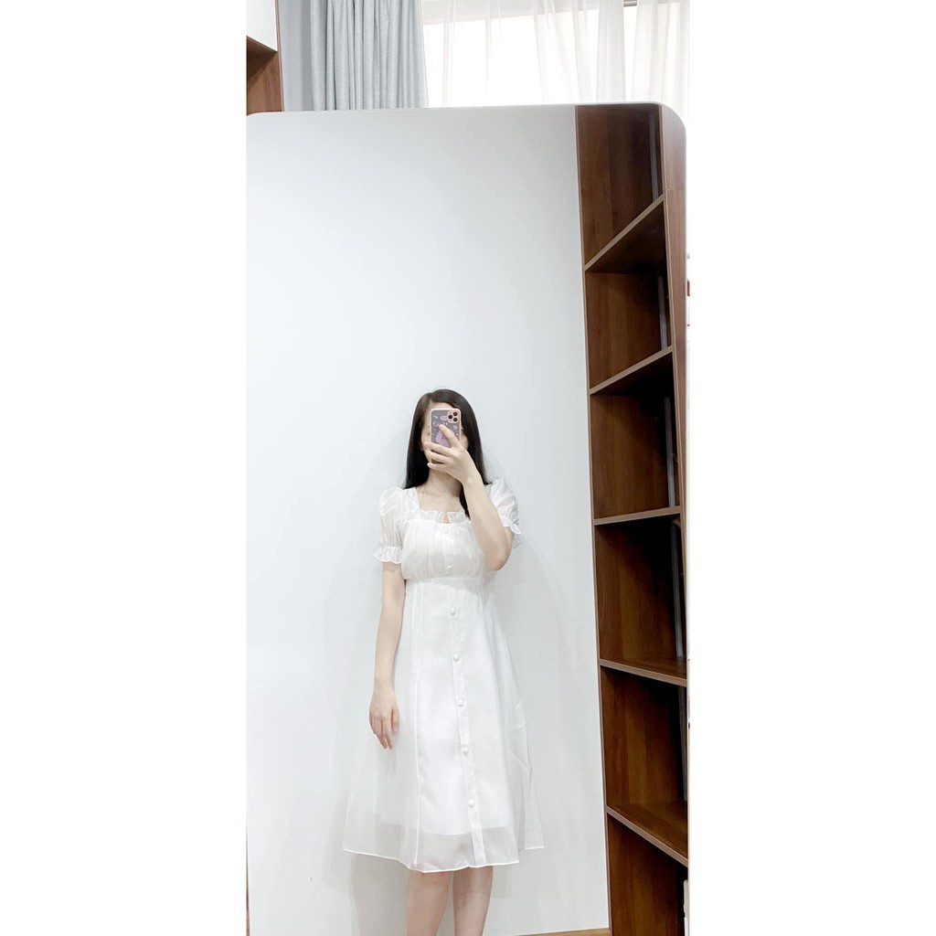 Váy tiểu thư nhún ngực ngắn tay chất đũi mát phong cách hàn quốc 2 màu be, trắng Váy Trắng Shop