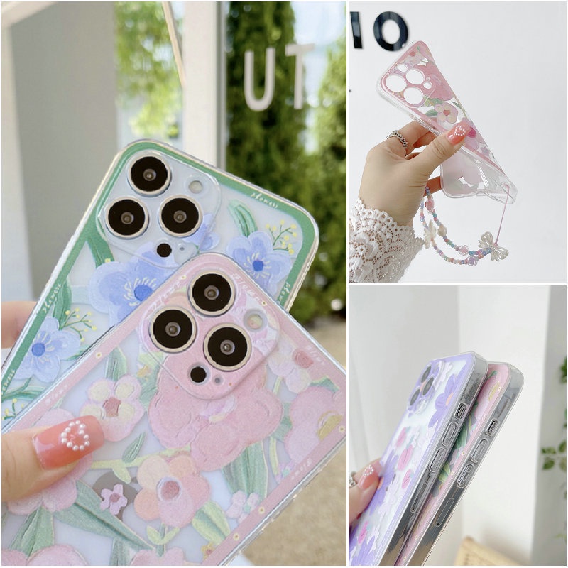 Casing Realme 8i 8 7 6 5 5s 5i C17 C2 C1 Pro 8Pro 7Pro 6Pro Lens Protection Style Cherry Peach Flowers+Bow Chain Fine Hole Shockproof Clear Soft Phone Case Cover CES 12