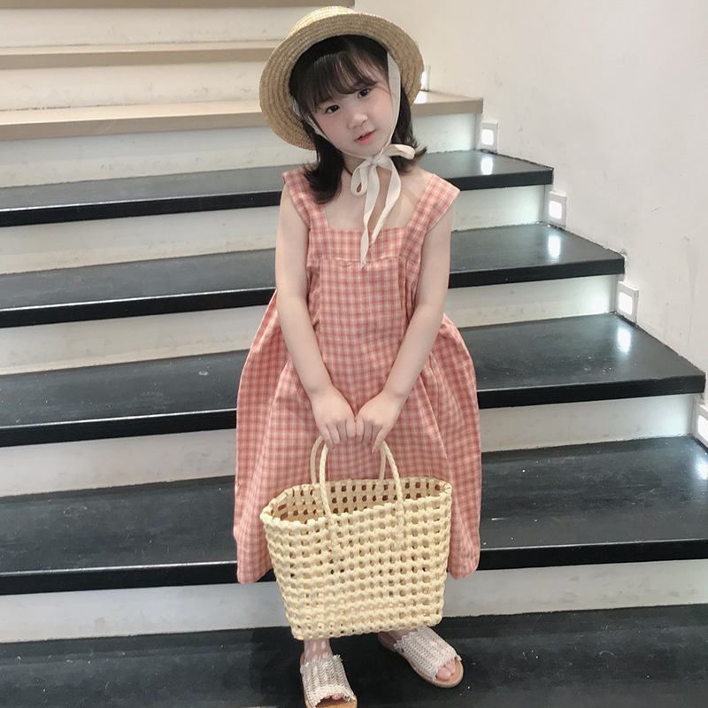 Áo liền quần Hai Dây Kẻ Sọc Caro Phong Cách Hàn Quốc Cho Bé Gái