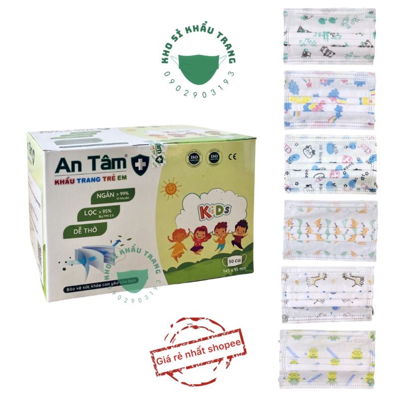 Khẩu trang y tế bé An Tâm 3 lớp kháng khuẩn hộp 50 cái mix nhiều hình