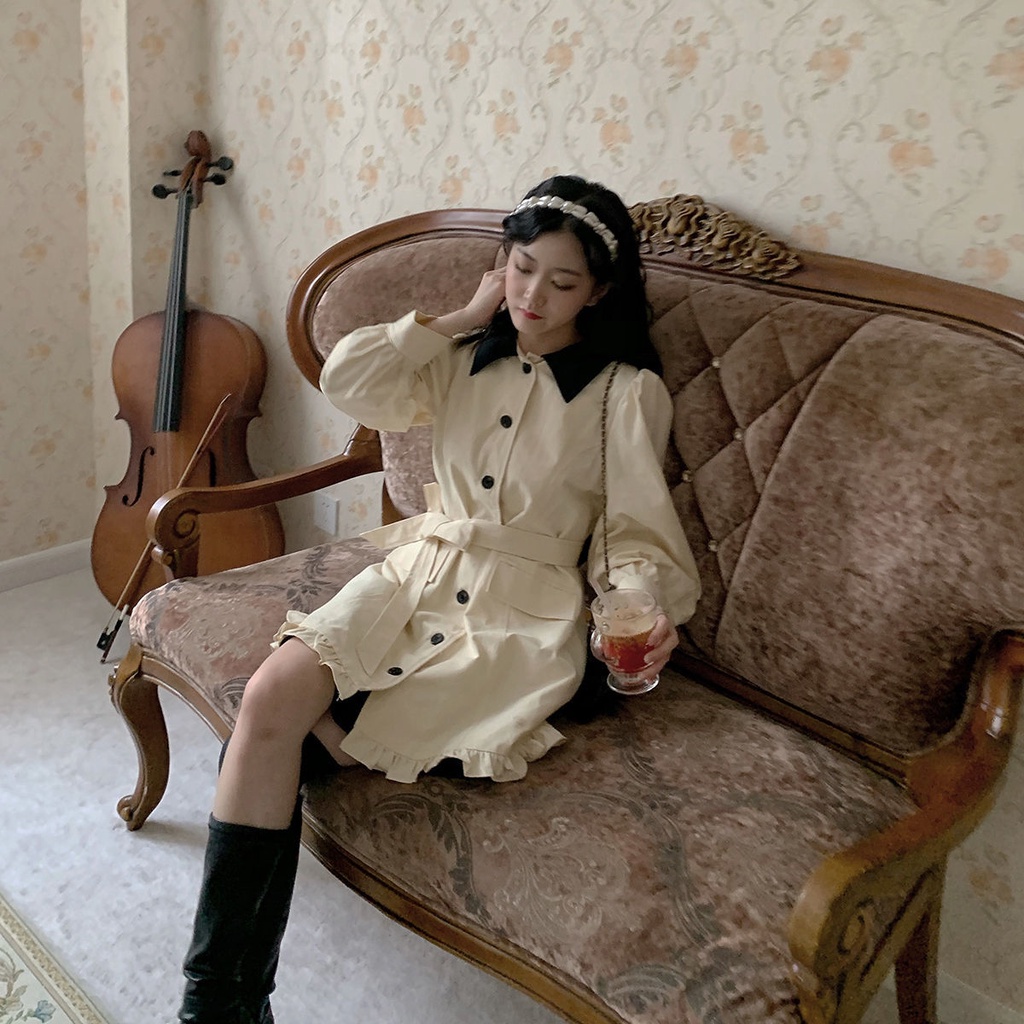 Đầm công chúa tay dài phồng cổ búp bê phong cách Pháp thời trang mùa thu cho nữ