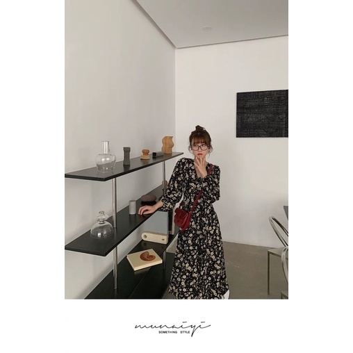 Váy hoa nhí vintage dáng dài phong cách Hàn Quốc