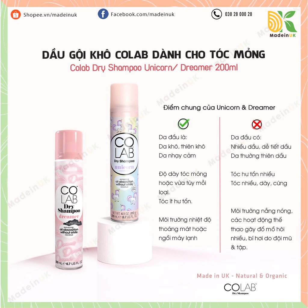 Dầu Gội Khô Colab Unicorn 200ml | Hương thơm dễ chịu của hoa nhài và Vani