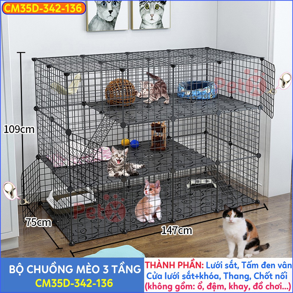 Chuồng mèo 3 tầng giá rẻ đẹp PetX lắp ghép đa năng đơn giản với lưới sắt sơn tĩnh điện nuôi từ 2-4 thú cưng