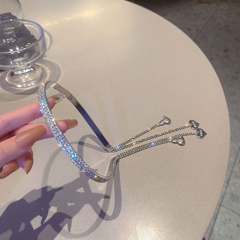 Băng Đô Cài Tóc Đính Đá Phối Dây Xích Tua Rua Phong Cách Hàn Quốc Thời Trang Cho Nữ