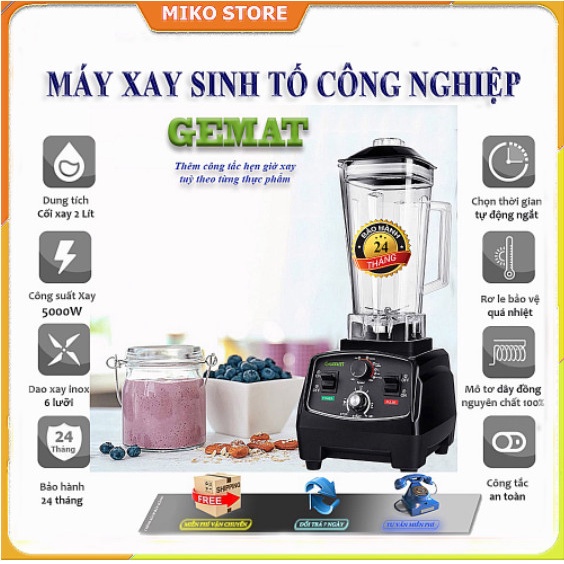 Máy Xay Sinh Tố Công Nghiệp GEMAT 5000W Thêm Chế Độ Hẹn Giờ Xay Tự Động , máy sinh tố loại 1 cối lớn , máy xay