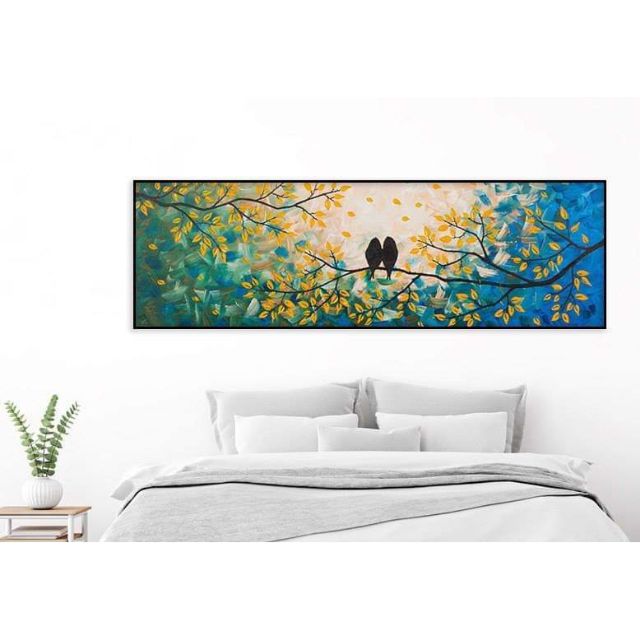 Tranh canvas lá đôi chim 40x120 kèm khung