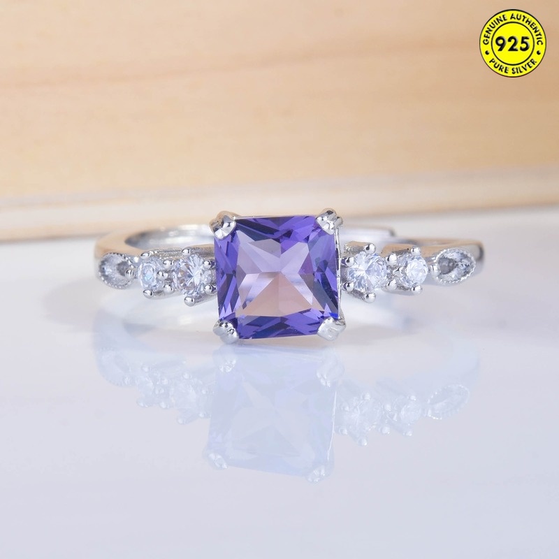 Nhẫn hở đính đá thạch anh tím hình vuông nhiều màu dễ phối đồ