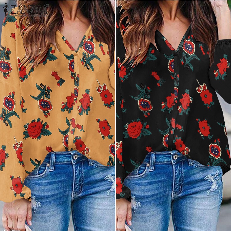 Zanzea Áo Kiểu Tay Dài Cổ Chữ V In Họa Tiết Hoa Thanh Lịch Dành Cho Nữ