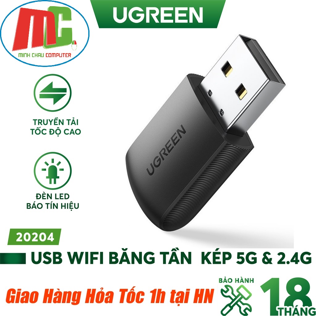 USB Wifi Ugreen 20204 Băng tần kép 5G &amp; 2.4G Cao Cấp - Hàng Chính Hãng