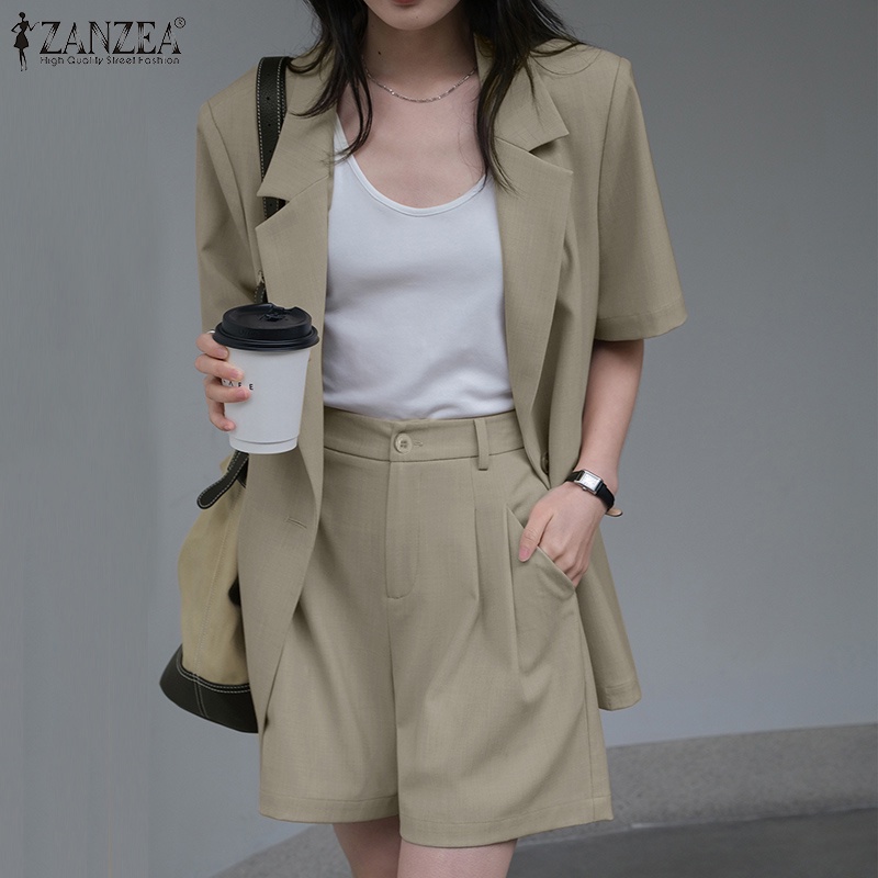 Set đồ thời trang công sở ZANZEA gồm áo tay ngắn + quần short lưng thun có khóa kéo màu trơn cho nữ