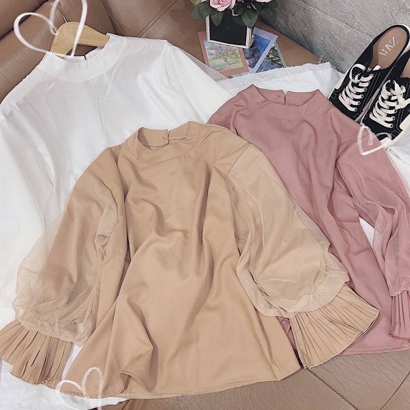 ÁO KIỂU 3 MÀU PHỐI LƯỚI TAY XOÈ