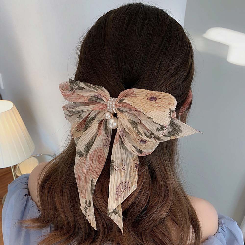 Summer Korean Floral Pearl Chiffon Bow Hairpin Cute Women's Sweet Temperament Spring Clip Hair Accessories