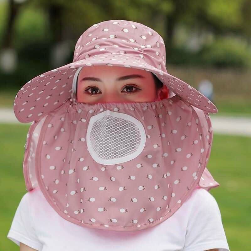 Nón chống nắng vành rộng mát có khẩu trang 2 lớp bảo vệ sức khỏe mũ che nắng kèm dây thắt dễ dàng sử dụng