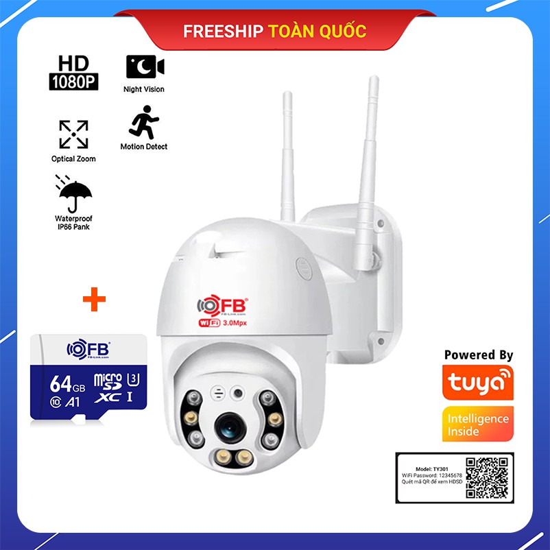 Camera IP Wifi FB-LINK Robo TY301 3.0MP Kèm Thẻ Nhớ 64GB - Giám Sát An Ninh Ngoài Trời