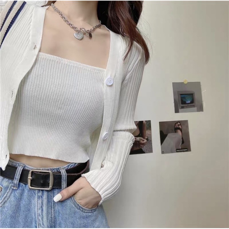 Set Áo Len 2 Dây Tăm + Cardigan Sọc To