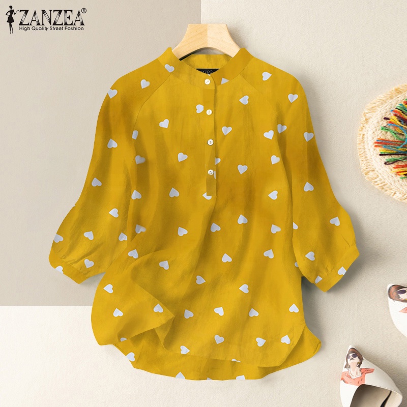 ZANZEA Áo Sơ Mi Cổ Đứng Tay 3/4 Dáng Rộng In Họa Tiết Trái Tim Thời Trang Cho Nữ