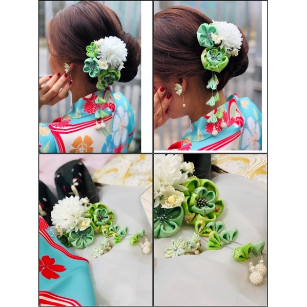 Kẹp tóc Kanzashi phối hoa lụa- Cài tóc cổ trang
