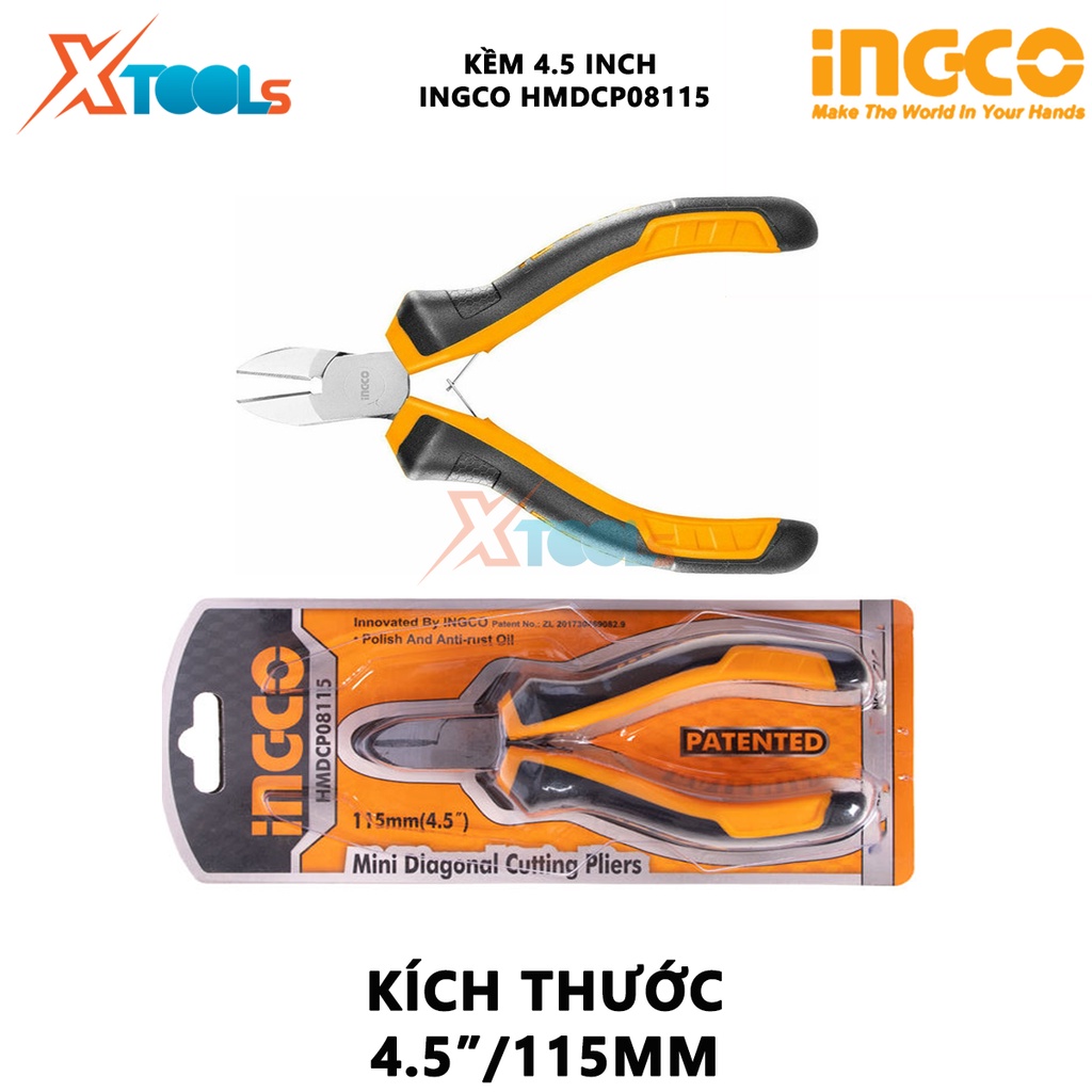 Kìm cắt chéo mini Ingco HMDCP08115 kềm cắt mini Kích thước 4.5&quot;/ 115mm Đầu kềm được đánh bóng và chống gỉ cắt,sử dụng để